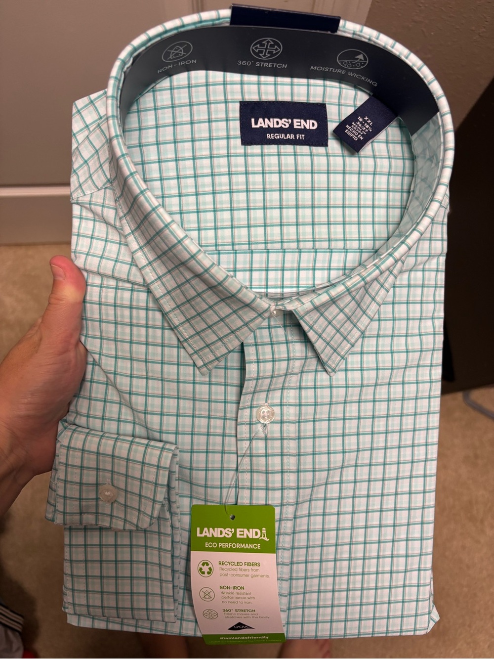 Lands' End Men's Light Green and White Checked Dress Shirt